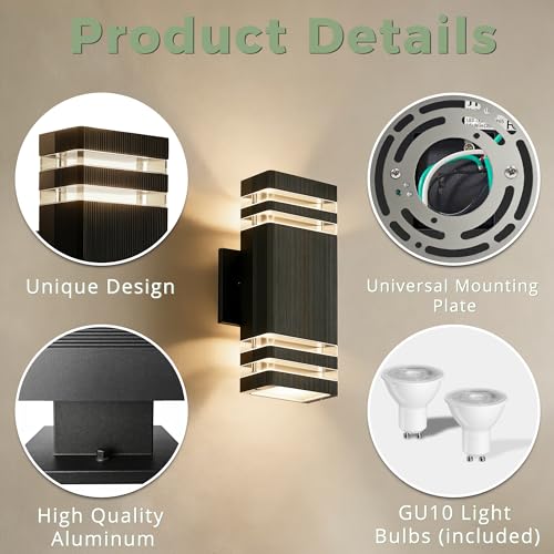 Image of JYV Square Outdoor Wall Lights, Up and Down Outdoor Lighting, Black | Aluminum Exterior Lighting Fixtures Wall Mount with 2x7W 3000K Bulbs, Waterproof Outdoor Lights for House Porch Patio Garage