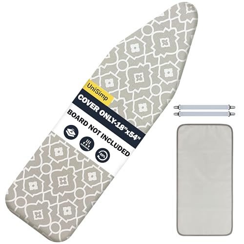 UniSimp Ironing Board Cover and Pad 18x54- Extra Thick Natural Cotton, Scorch and Stain-Resistant Iron Board Cover, Extra Large Iron Board Cover with Metal Fasteners Heavy Duty Heatproof Elastic Edge