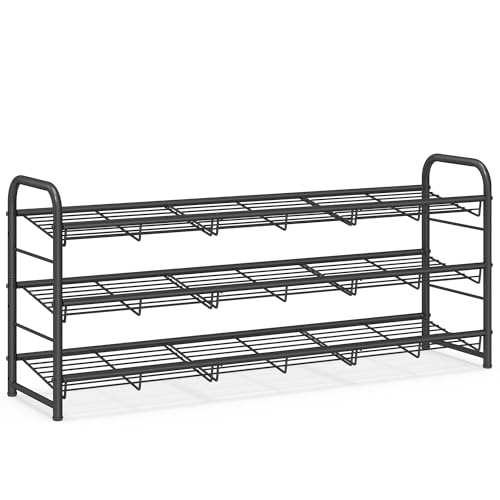 Image of SONGMICS Stackable Shoe Rack, 3 Tier Metal Shoes Rack Storage Shelf, Holds up to 15 Pairs, Adjustable Slanted Shelves Tower Organizer for Closet Entryway Small Spaces, Black ULMR106BD01