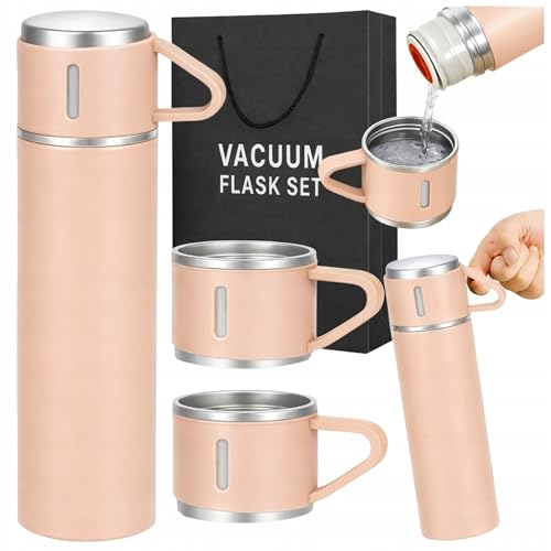 Termo con 3 Vasos de Acero Inoxidable, Idea de Regalo Original para Hombre y Mujer, Botella Térmica para Café y Té, Termo de Viaje Portátil 400 ml. Rosa