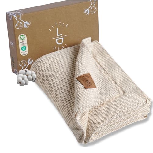 Image of Little Dedi 100% Organic Cotton Baby Knitted Blanket with Gift Box - Soft Toddler, Crib, Stroller Blanket - Neutral Swaddle and Receiving Blanket for Newborns, 30"x40", Beige