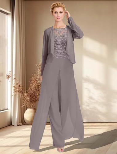 2 Piece Mother of The Bride Jumpsuit for Women Chiffon Lace Applique Formal Wedding Guest Pant Suits2