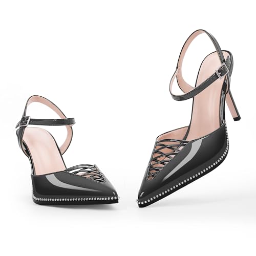 Women's Stilettos High Heel Ankle Strap Pumps Hollow Out Pointed Toe Bead Dress Shoes3