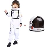 eccbox Kids Astronaut Costume Space Suit Role Play Dress Up with Movable Visor Helmet (White Costume