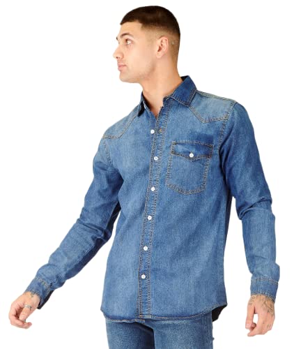 JMOJO - Mens Shirts Long Sleeve - Slim Fit Denim Shirts for Men with Front Chest Pockets - Regular Fit Men Casual Shirt Button Opening - Formal Pointed Collar Mens Jean Shirts - 100% Cotton XL