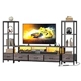 DWVO Entertainment Center with Bookshelves, LED TV Stand for 65/60 inch TV, Farmhouse TV Stand for Living Room with 2 Industrial 4-Tier Bookshelves & Power Outlets, Grey