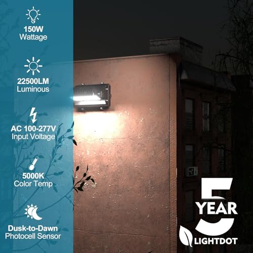 Image of Lightdot 150W LED Wall Pack Lights, 360 Adjustable Panel with Dusk to Dawn Photocell, 22500Lm 5000K Daylight, IP65 Waterproof & Advanced Heat Dissipation Outdoor Security Lighting(Height:10~20ft)
