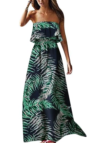 Image of ZMPSIISA Women's Summer Off The Shoulder Maxi Dress Ruffle Strapless Blue White Porcelain Boho Casual Loose Long Dresses