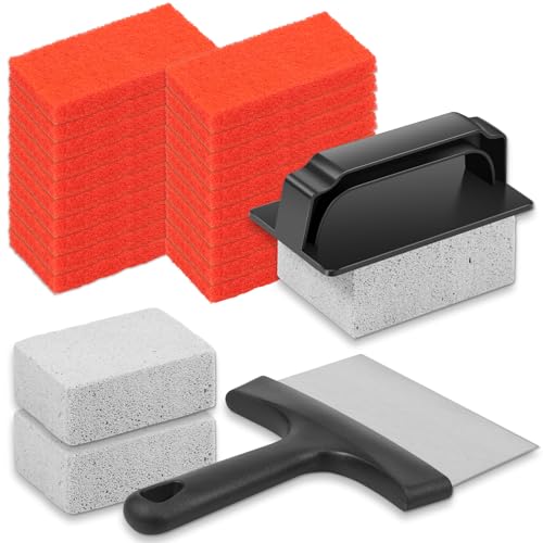 bigjvbfv 25 Pcs Griddle Cleaning Kit with Griddle Scraper Scouring Pads Cleaning Stone and Handle, Flat Top Grill Cleaner Kit with Scraper, Multipurpose Grill Cleaner Set for Grills