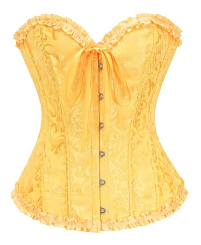 Bslingerie Damen-Korsett im viktorianischen Steampunk-Stil, Blumenbrokat, gerüschter Rand, Übergröße, gelb, M