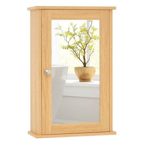 COSTWAY Bad Spiegelschrank, Hängeschrank mit Spiegeltür & Verstellbarer Ablage, Wandschrank Holz, Badezimmerspiegel 34 x 15 x 53cm (Natur)