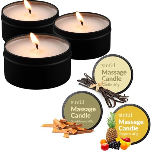 Sinful Coffret de Bougies de Massage Intimes – 3 x 40 g – Vanille, Tropical & Bois de Santal...