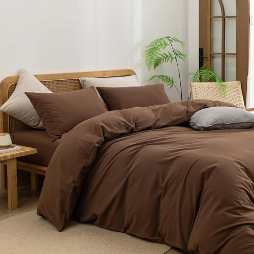 Image of BESTOUCH Cotton Solid Duvet Cover Set Linen Feel Cocoa Brown Alaska King | 100% Washed Cotton, Soft Wrinkle Texture, Hidden Zipper, 8 Ties, Breathable Lightweight Durable Comfy, 3 Pcs No Insert