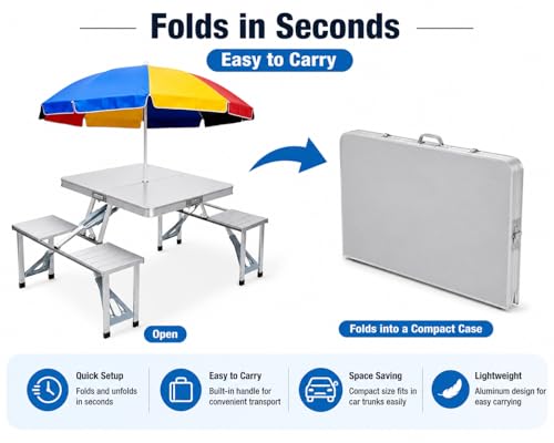 Image of Picnic Table Heavy Duty Aluminium Portable Folding Camp Suitcase Picnic Table and 4 Chairs Set with Umbrella (T1)
