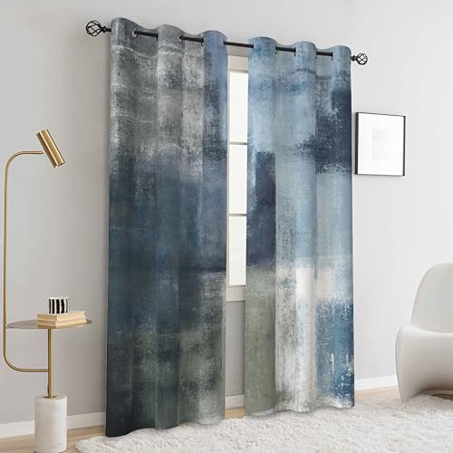 Image of Asuexpect Dusty Blue Abstract Curtains 2 Panels Set Navy Grey Geometric Curtain Modern Chic Window Treatments Decorative for Farmhouse Living Room Bedroom Window 50% Darkening Curtain 42x63 Inch