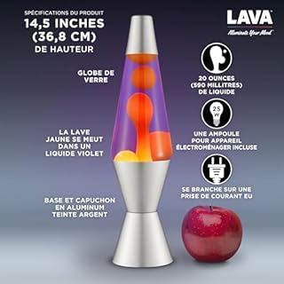 LAVA® - Lampe Lava 2125, cire jaune, liquide violet, socle et capuchon argentés, lampe à mouvement de marque LAVA® originale de 14,5 pouces