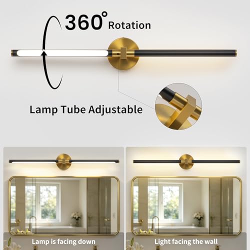Image of 31 inch Black and Gold Vanity Light, Bathroom Lighting Fixtures Over Mirror, 360 Rotatable LED Brushed Gold and Black Vanity Lights for Bathroom Lights,18W 4000K Modern Vanity Light Bar for Bedroom