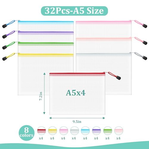 Image of Mesh 32pcs Zipper Pouch Bags - A5 Size, 8 Color Mesh Zipper Pouches for Classroom, Organizing Bags for Home, Office and Puzzle Storage