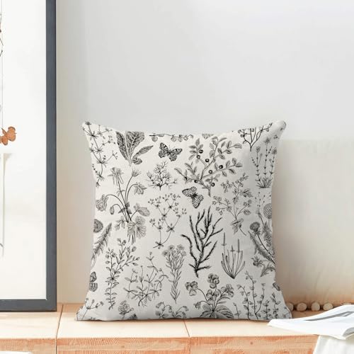Image of AEIOAE Spring Pillow Covers 24x24 Inch Set of 2,Black Gray Wild Flower Plant Throw Pillows Case,Seasonal Floral Outdoor Decorative Square Linen Farmhouse Decor Cushion Covers for Home Sofa Bed Couch