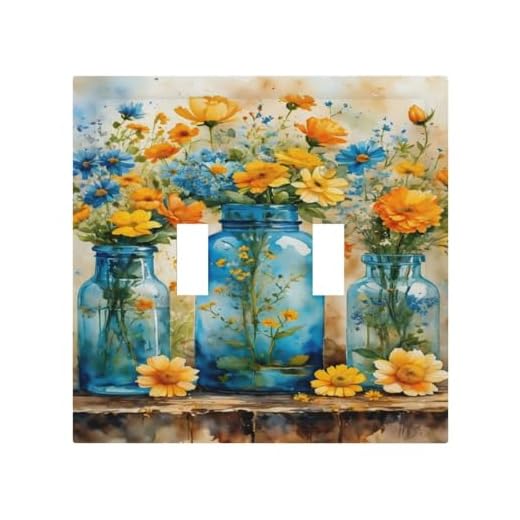 LuHuoLu Decorative Switch Covers Plate Rustic Yellow Flowers Floral Blue Bottles 2 Gang Wall Plate Oversized Double Toggle Light Switch Plate Wall Cover Plate Faceplate for Country Home Decor