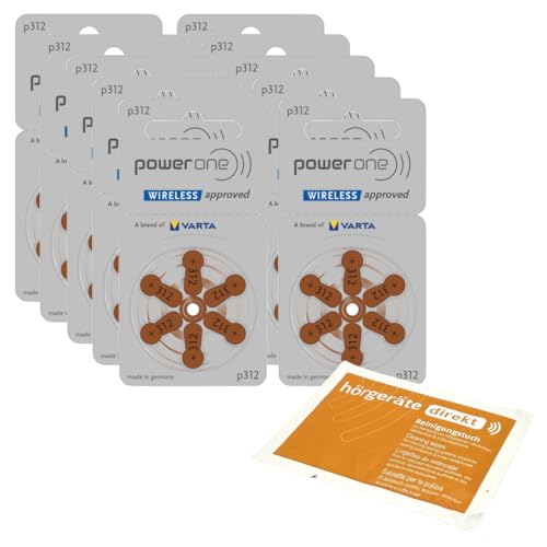 60x Power One 312 Hörgerätebatterien P312 PR41 (10x 6er Blister) + DIREKT Reinigungstuch | für Hörgeräte