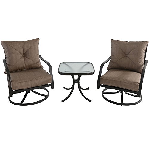 Hanover Palm Bay 3-Piece Steel Outdoor Patio Chat Set With Plush Copper Cushions And Glass Top Square Bistro Table | Palmbay3Pc-Tan, Seating, Tan #TOP7