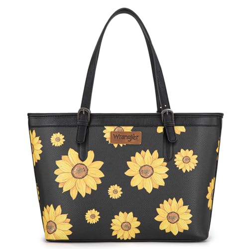 Montana West X Wrangler Purse Sunflower Tote Bag for Women Western Purses and Handbags Black Tote Bags with Zipper and Pockets Large Tote Purse Floral Women's Shoulder Handbags WG204-2002BK