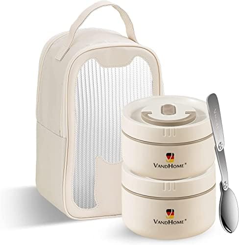 Maiyuansu Insulated Lunch Container Set 18/8 Stainless Steel Thermal Food Storage Container Portable Insulated Travel Food Container with Lunch Bag & Utensil | Microwave Safe (Beige 2 Portion)