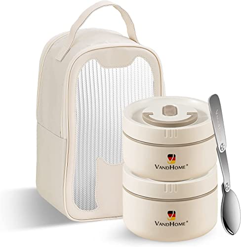 Maiyuansu Insulated Lunch Container Set 18/8 Stainless Steel Thermal Food Storage Container Portable Insulated Travel Food Container With Lunch Bag & Utensil | Microwave Safe (Beige 2 Portion) #TOP14