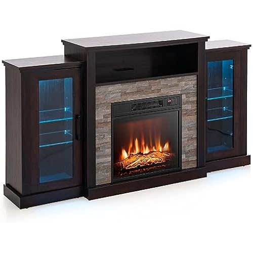 GOFLAME Fireplace TV Stand with LED Lights for TV up to 65”, Entertainment Center with 18” Electric Fireplace, Remote & APP Control, TV Console with Adjustable Glass Shelves (Dark Brown)