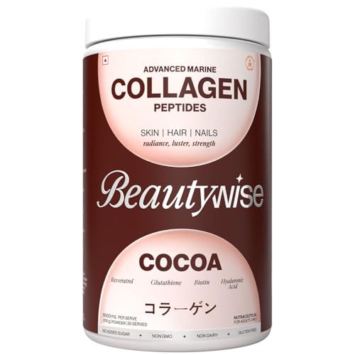 Image of Beautywise Advanced Hydrolyzed Japanese Marine Collagen with Glutathione | For Radiance, Hydration, Youthful Skin | Fast-Absorbing 200gm, Clinically Proven | Skin, Hair & Nails | Cocoa (25 Servings)