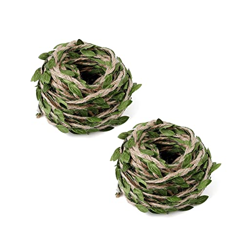 GEBAUM Cuerda de Yute con Hojas - 2 Rollos Cuerda de Cáñamo de Hoja Artificial, 20 m Ratán de Alambre de Hoja Verde Decoración para Jardín de Bricolaje, Manualidades, Fiestas de Bodas