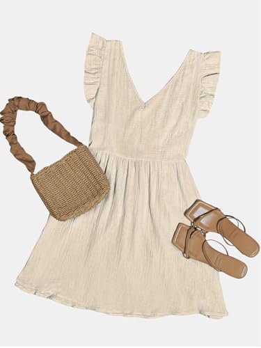 Image of CUPSHE Women's Mini Dresses V Neck Flutter Sleeve Self Tie Back Cotton A Line Short Summer Dress Beige, L