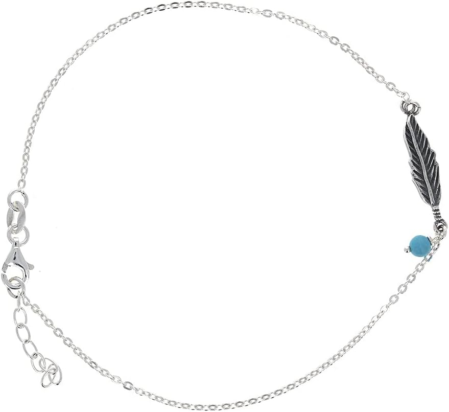 Sterling Silver, Feather and Turquoise Bead Anklet