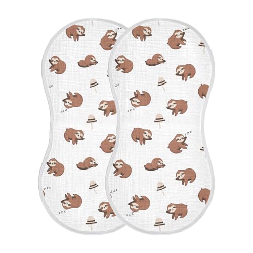 2 Pack Muslin Burp Cloths Sloth Cute White Cotton Baby Burp Cloths Soft Burping Cloth Absorbent Spit Up Rags for Newborn Baby Boys Girls, Large 22