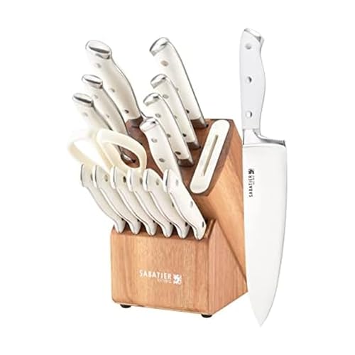 Sabatier Acacia Forged Triple Rivet Edgekeeper Knife Block Set, 15-Piece, White