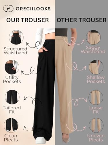 Image of GRECIILOOKS Trousers for Woman | Womens High Rise High Waist Flared Korean Style | Formal Pant for Women Office Wear| Track Pants for Womans Elegant for College & Events (Available in Plus Size)