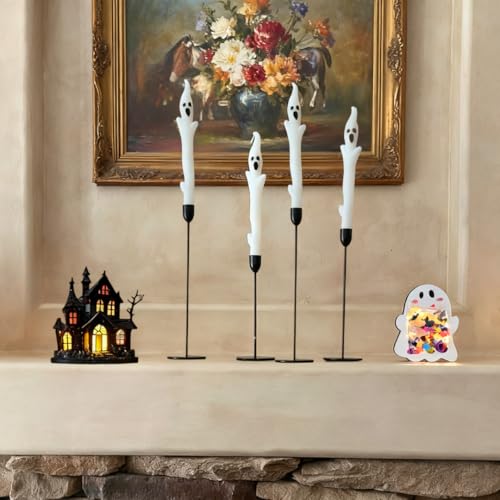 Halloween Ghost Candles Set Cute Spooky White Taper Candles with Ghost Face for Halloween Decorations Haunted House Party Table Centerpiece Gothic Home Decor Trick or Treat Supplies (4PCS)