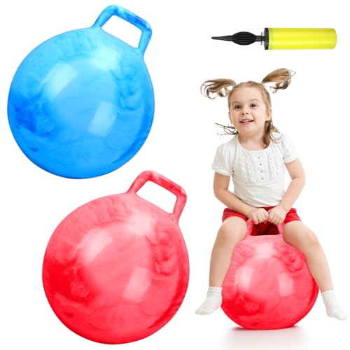 Poen 2 Pcs Bouncing Ball with Handle, Hopper Jumping Hopping Ball with Air Pump for Games(22 Inch,Marbled Red, Marbled Blue)