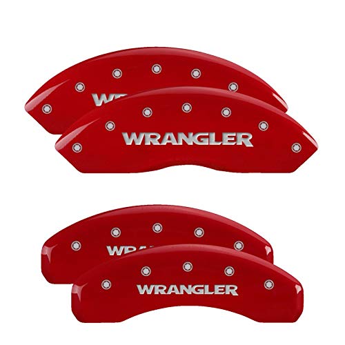 Image of MGP Caliper Covers - Brake Caliper Covers Compatible with 2018-2024 Jeep Wrangler (Requires 18 inch+ Wheels and Solid Rear Rotor) 4 PCS Front and Rear (Red - Wrangler Engraving)