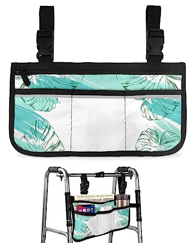 Teal Palm Leaves Wheelchair Side Bag Walker Bag, Tropical Drawn Leaf Wheelchair Accessories Armrest Pouch, Organizer Storage Bag for Walkers, Rollators, Scooters, 7.3''x13''