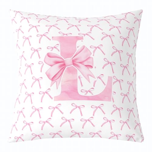 Cartoon Bowknot Kids Throw Pillow Cover,Pink Bow Tie Letter L Knot Princess Double Sides Pillow Case Girls Women,Watercolor Bow Patchwork Pink White Bed Couch Sofa Cushion Cover,Single Pack 16"x16"
