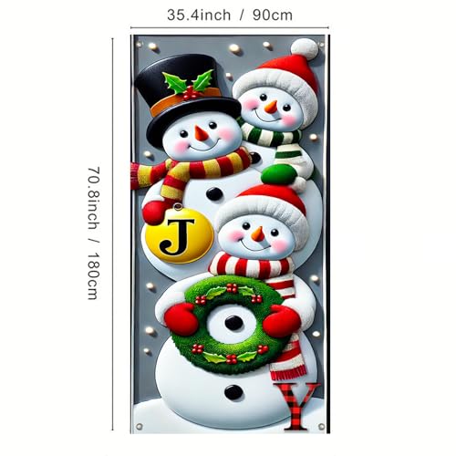 Image of BlissYard Christmas Door Cover 71x35 Inch Snowman Family Door Banner Joy Winter Porch Sign for Front Door Stacked Snowmen Top Hat Santa Hat Green Scarf Holly Bells Entry Decor Outdoor Hanging Cover