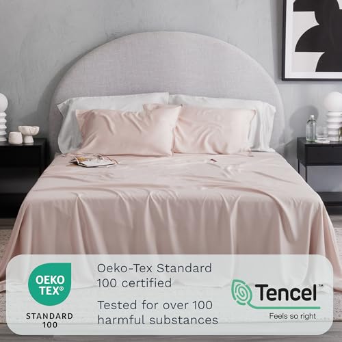 Image of Olive + Crate Tencel Lyocell Eucalyptus Twin Sheets Set - Extra Long Sheet Set - Cooling Tencel Sheets for Hot Sleepers with 16 Inch Deep Pocket Fit - Barely Pink 3-Piece Set