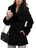 Xukiki Women Faux Leather Trench Coat Winter Mid Length Fur Lined Pea Coat Belted Jacket with Fur Collar GSQ23189 Black S