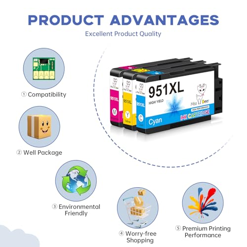 Image of Miss Deer 3 Pack 951XL Color Ink Cartridges, Compatible for Hp 950 951 Ink Cartridges Combo Pack, Work for Officejet Pro 8610 8600 8620 8625 8100 Printers (Cyan,Magenta,Yellow)