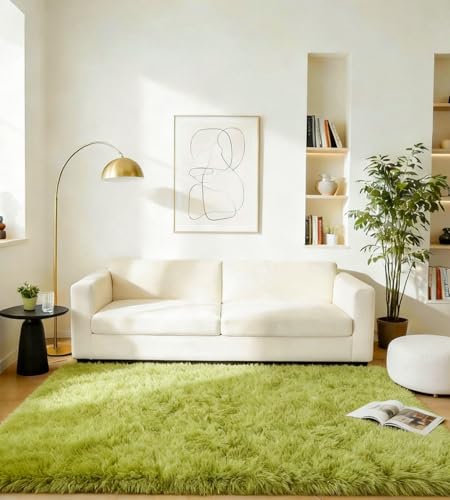MARATIP Teppich Wohnzimmer 200x300 cm Grün Hochflorteppich Schlafzimmer rutschfest Waschbarer Wohnzimmerteppich Kinderzimmer