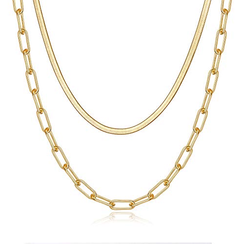 Turandoss Gold Layered Necklaces for Women, 14K Gold Plated Dainty Snake Chain Link Necklace Handmade Layering Choker Necklaces for Women Gifts