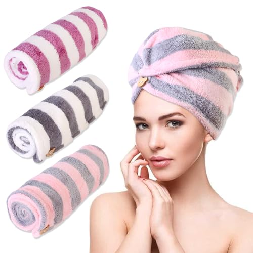 3 Pack Microfiber Hair Towel Wrap for Women, Fast Drying Hair Turban with Button, Anti-Frizz Large Hair Towel for All Hair Styles, Soft & Absorbent Hair Drying Towel