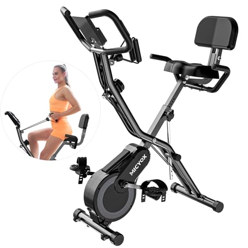 Bicicleta Estática, Micyox MX711 Bicicleta de Ciclismo Interior Plegable Magnética con Pantalla LCD y Sensor de Frecuencia Cardíaca, Bicicleta con Bandas de Resistencia que Ahorra Espacio